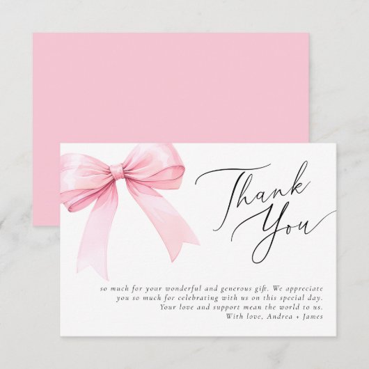 ピンクのクート・ボウ ウェディングシャワー サンキューカード (正面/裏面)
