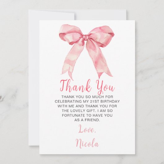 ピンクのクールなリボン誕生日パーティー サンキューカード (正面)