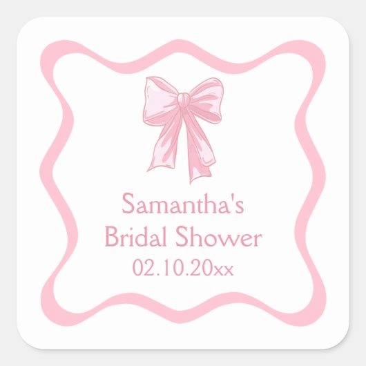 ピンクのクールなリボン ウェディングシャワーのお祝い スクエアシール (正面)