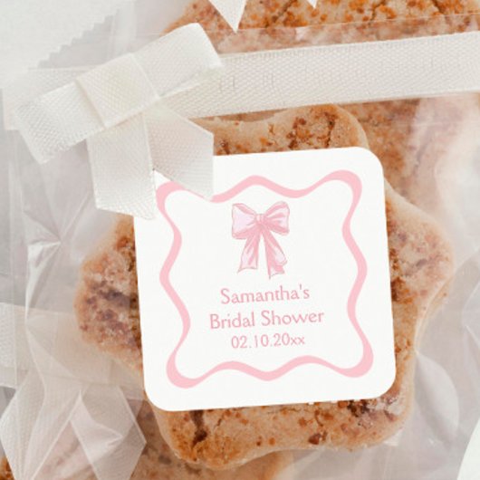 ピンクのクールなリボン ウェディングシャワーのお祝い スクエアシール