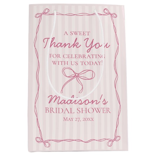 ピンクのクールなリボン パステル ブライダル シャワー フェイバー ミディアムペーパーバッグ (正面)