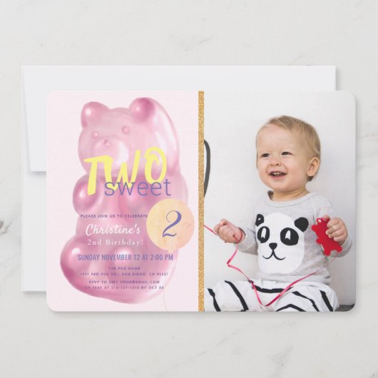 ピンクのグミベア2つの甘い女の子の写真2番目の誕生日 招待状 (正面)