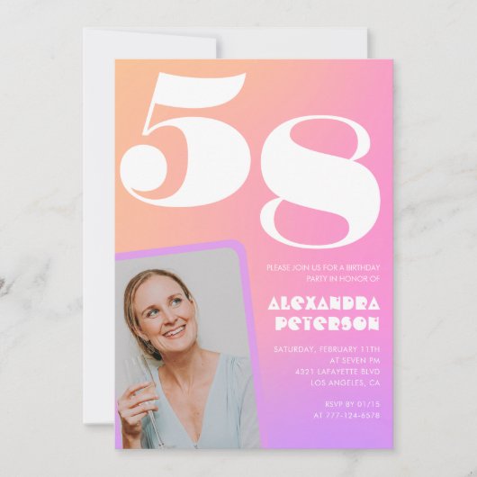 ピンクのグラデーションがかったレトロな写真 58歳の誕生日 招待状 (正面)