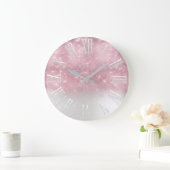 ピンクのグラデーションなグリッターの効果の白い火花のガーリーなギフト ラージ壁時計 (ホーム)