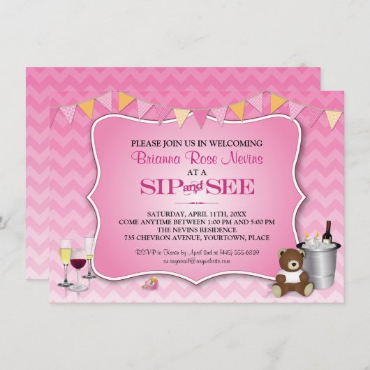 ピンクのグラデーションなシェブロンのベビーの一口は見、 招待状 (正面/裏面)