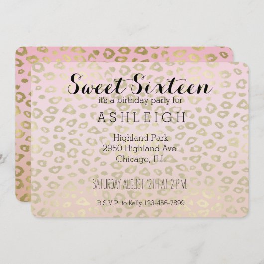 ピンクのグラデーションな金ゴールドのヒョウのプリントのSweet sixteen 招待状 (正面/裏面)