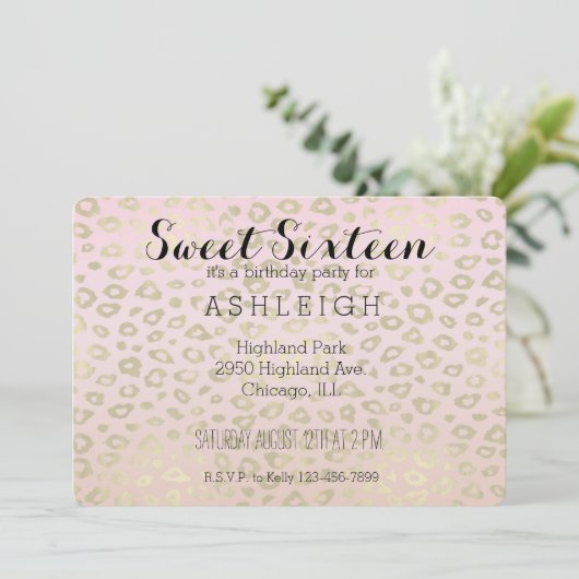 ピンクのグラデーションな金ゴールドのヒョウのプリントのSweet sixteen 招待状 (スタンド正面)