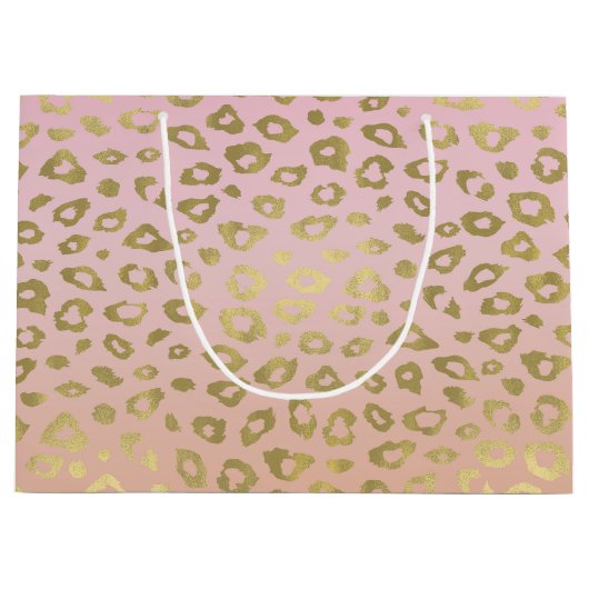 ピンクのグラデーションな金ゴールドのヒョウのプリント ラージペーパーバッグ (正面)