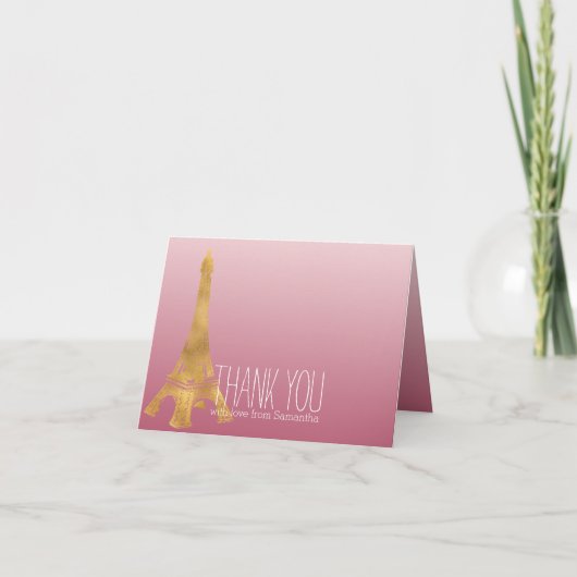 ピンクのグラデーションな金ゴールドの魅力的なエッフェル塔は感謝していしています サンキューカード (正面)
