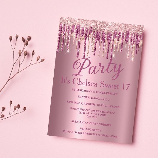 ピンクのグラデーションバラ金ゴールドグリッタードリップスウィート17 Inv 招待状