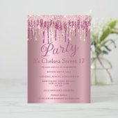 ピンクのグラデーションバラ金ゴールドグリッタードリップスウィート17 Inv 招待状 (スタンド正面)