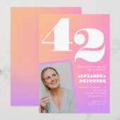 ピンクのグラデーションレトロ写真42歳の誕生日 招待状 (正面/裏面)