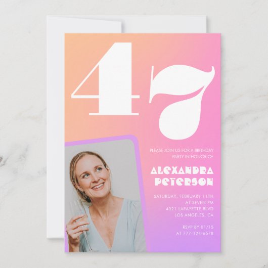 ピンクのグラデーションレトロ写真47歳の誕生日 招待状 (正面)