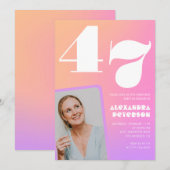 ピンクのグラデーションレトロ写真47歳の誕生日 招待状 (正面/裏面)