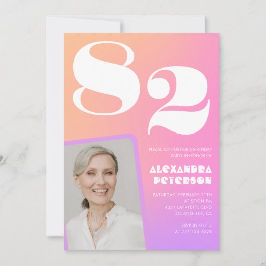 ピンクのグラデーションレトロ写真82歳の誕生日 招待状 (正面)