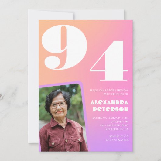ピンクのグラデーションレトロ写真94歳の誕生日 招待状 (正面)