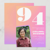 ピンクのグラデーションレトロ写真94歳の誕生日 招待状 (正面/裏面)