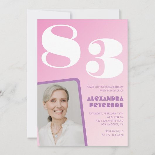 ピンクのグラデーション写真83歳 招待状 (正面)