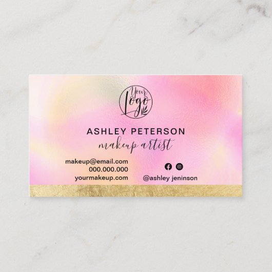 ピンクのグラデーション金ゴールドホイルストライプシックロゴメイクアップ 名刺 (裏面)