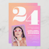 ピンクのグラデーション24th誕生日の招待レトロ写真 招待状 (正面/裏面)