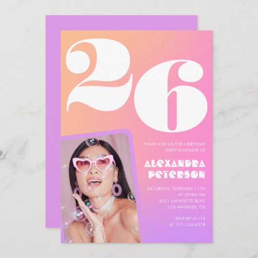 ピンクのグラデーション26th誕生日の招待レトロ写真 招待状 (正面/裏面)