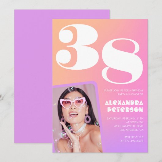 ピンクのグラデーション38th誕生日の招待レトロ写真 招待状 (正面/裏面)