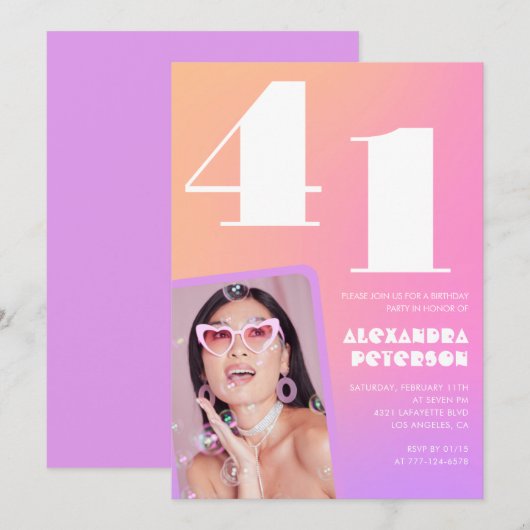 ピンクのグラデーション41歳の誕生日の招待レトロ写真 招待状 (正面/裏面)