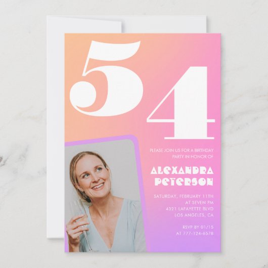 ピンクのグラデーション54th誕生日の招待レトロ写真 招待状 (正面)