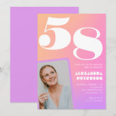 ピンクのグラデーション58th誕生日の招待レトロ写真 招待状 (正面/裏面)
