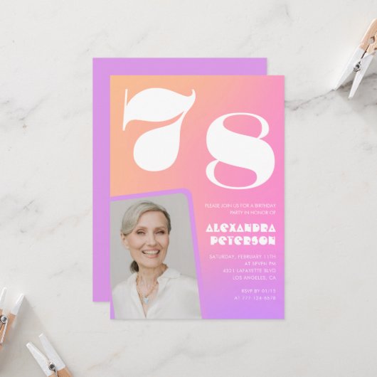 ピンクのグラデーション78th誕生日の招待レトロ写真 招待状 (正面/裏面インサイチュ)