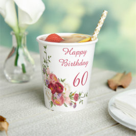 ピンクのグラデーション ホワイトボタン 花 誕生日おめでとう  紙コップ