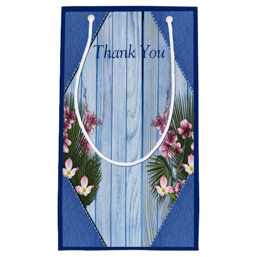 ピンクのグラフィックフラワーオンブルーウッドのテクスチャ抱き枕 スモールペーパーバッグ (正面)