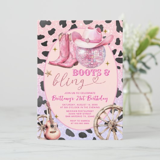 ピンクのグリッタブーツきらきら光ると20誕生日 招待状 (スタンド正面)
