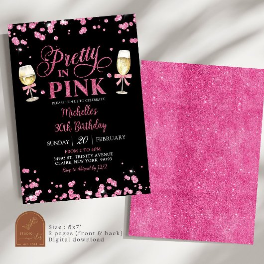 ピンクのグリッターかわいらしでピンクの大人の誕生日パーティー 招待状