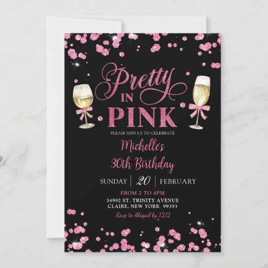 ピンクのグリッターかわいらしでピンクの大人の誕生日パーティー 招待状 (正面)