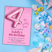 ピンクのグリッターがかわいい風船の数字4の女の子の4歳の誕生日 招待状