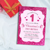 ピンクのグリッターがキュートで華やかな1歳の誕生日 招待状