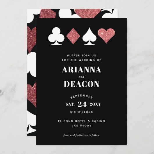 ピンクのグリッターが付いたモダンなカジノの結婚式招待状 招待状 (正面/裏面)