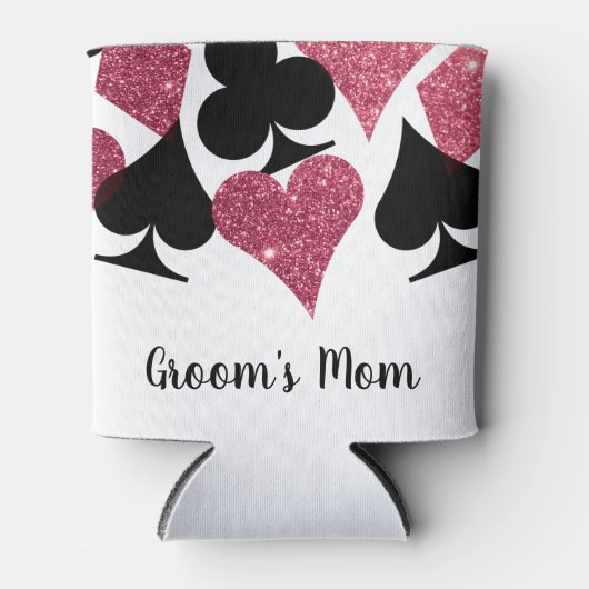 ピンクのグリッターが散りばめられたベガスをテーマにした花婿の母のカスタム名 缶クーラー (正面)