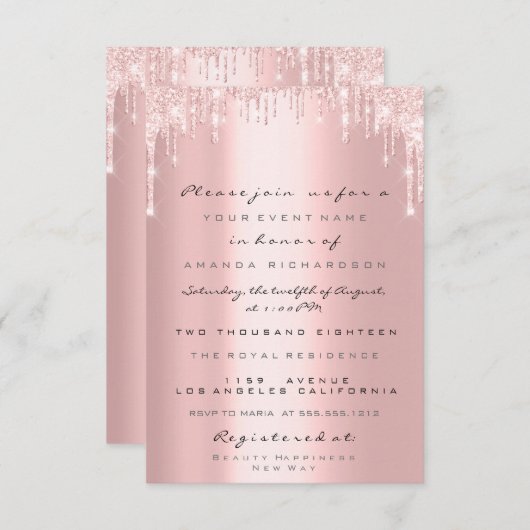 ピンクのグリッターが滴るローズゴールドのウェディング  スイート16 招待状 (正面/裏面)