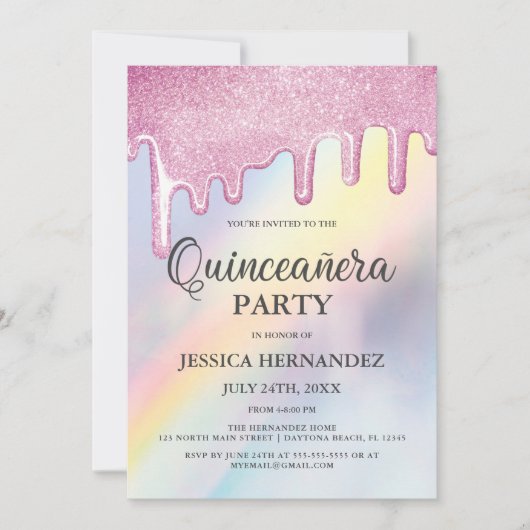 ピンクのグリッターが虹のホログラフィックなキンセアニエラへと滴り落ちる 招待状 (正面)
