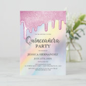 ピンクのグリッターが虹のホログラフィックなキンセアニエラへと滴り落ちる 招待状 (スタンド正面)