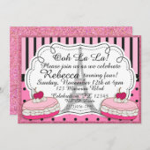 ピンクのグリッターが輝くパリのエッフェル塔　女の子の誕生日 招待状 (正面/裏面)