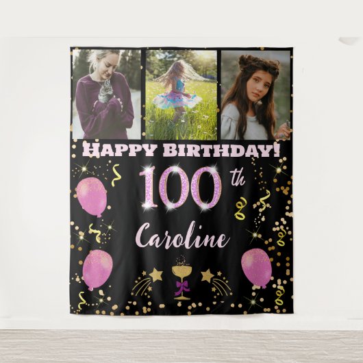 ピンクのグリッターさん、お誕生日おめでとう！１００歳の誕生日おめでとう＆３枚の写真です タペストリー (正面)