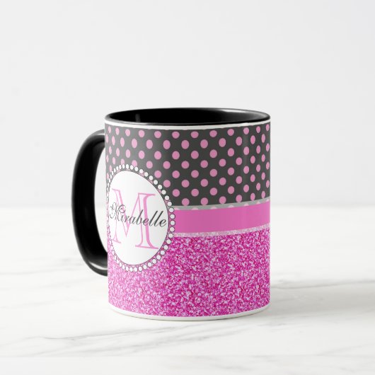 ピンクのグリッターとピンクの水玉模様の名前付き マグカップ (正面左)