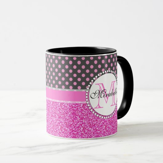 ピンクのグリッターとピンクの水玉模様の名前付き マグカップ (正面右)