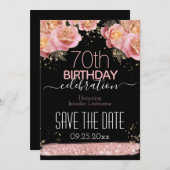 ピンクのグリッターと花の飾りが付いた70歳の誕生日「Save the Date」 招待状 (正面/裏面)