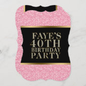 ピンクのグリッターと黒と金ゴールドアクセント 招待状 (正面/裏面)