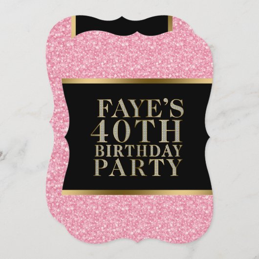 ピンクのグリッターと黒と金ゴールドアクセント 招待状 (正面/裏面)
