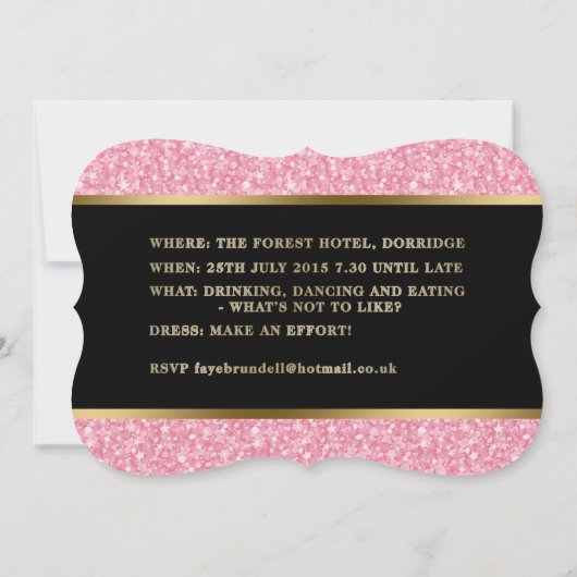 ピンクのグリッターと黒と金ゴールドアクセント 招待状 (裏面)